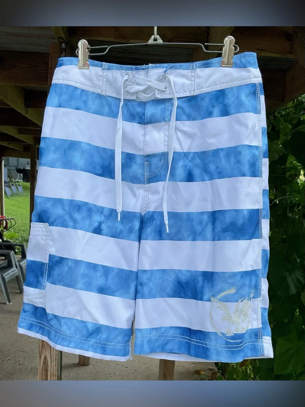 American Eagle Y2K Blue White Striped Swim Trunks Board Shorts Mesh Lined XS